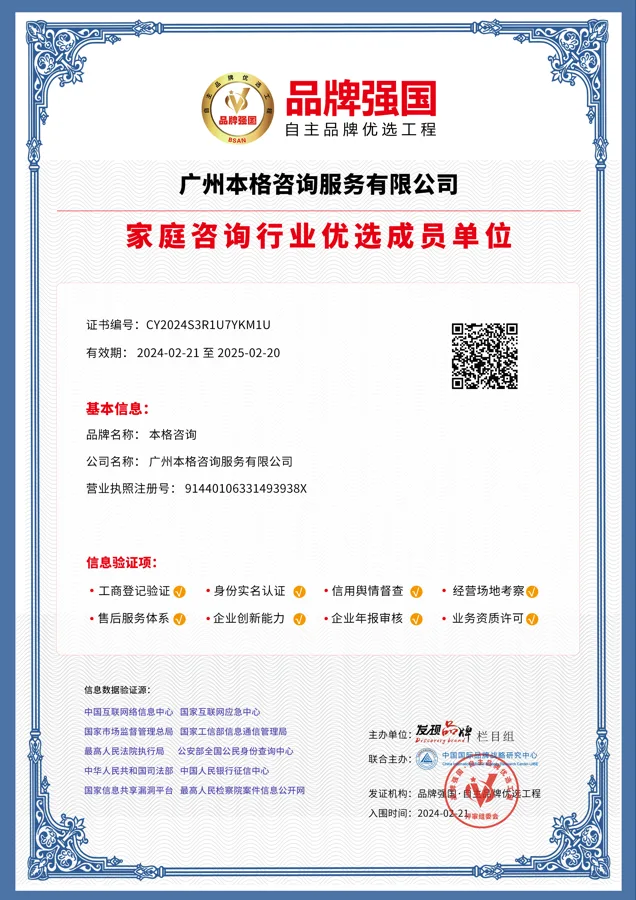 家庭諮詢行業優選成員單位(證書) - 品牌強國·自主品牌優選工程(主辦:《發現品牌》欄目組) - 廣州本格諮詢服務有限公司