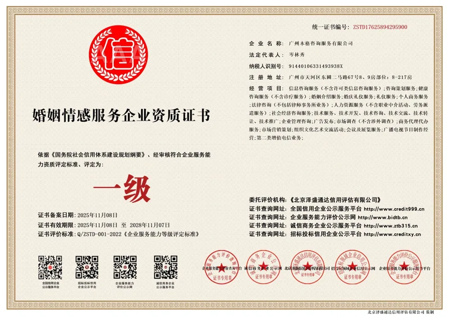 婚姻情感服務企業資質證書(一級·信用版) - 北京澤盛通達信用評估有限公司 - 廣州本格諮詢服務有限公司