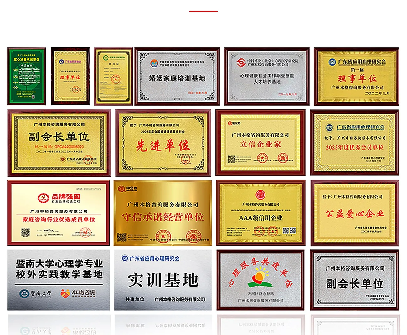 广州本格咨询服务有限公司部分资质牌匾：暨南大学实践教学基地、广东省应用心理研究会副会长单位、立信企业奖、行业先进单位等